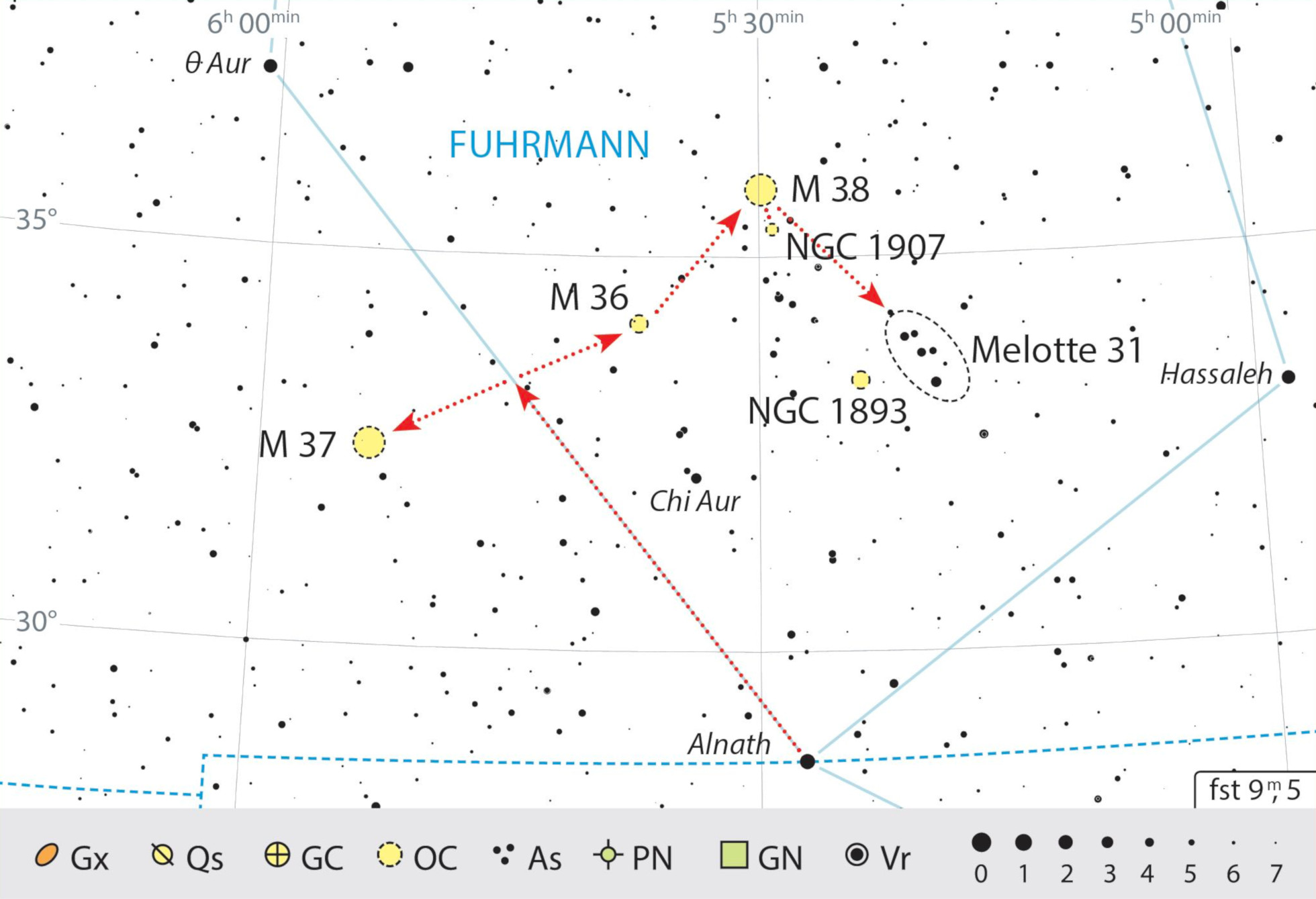 Nella parte meridionale della costellazione di Auriga si trovano alcuni interessanti ammassi stellari vicini l’uno all’altro, che possono essere osservati anche al binocolo. J. Scholten
