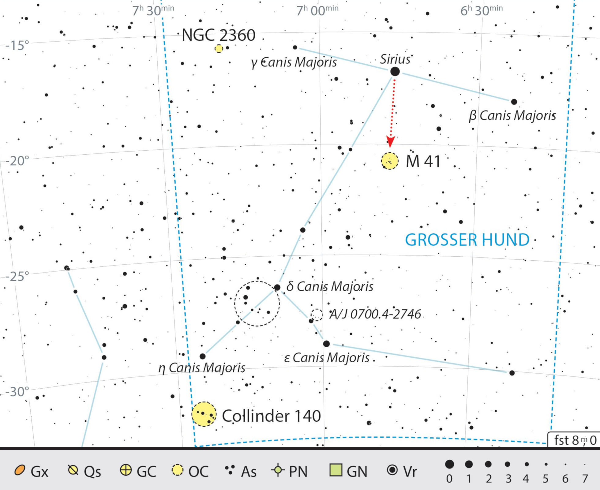 Mappa celeste degli oggetti visibili al binocolo nella costellazione del Cane Maggiore. J. Scholten