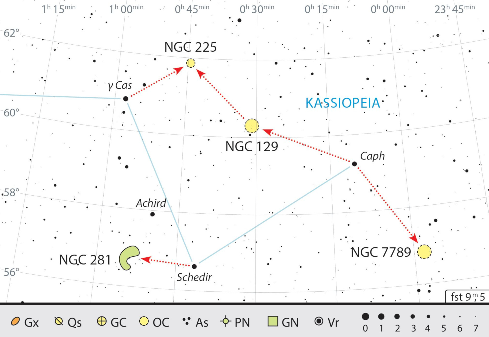 Questa volta la nostra destinazione è una catena di ammassi stellari. La nebulosa NGC 281 è una sfida speciale. J. Scholten