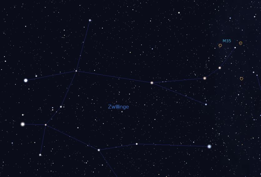 Das Sternbild Zwillinge mit dem offenen Sternhaufen M35