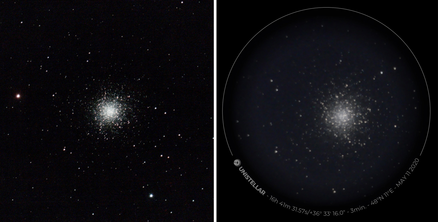 Vergleich zwischen dem Stellina und eVscope am Kugelsternhaufen M 13. Belichtungszeit: Vaonis 25 Minuten, Unistellar 3 Minuten
 