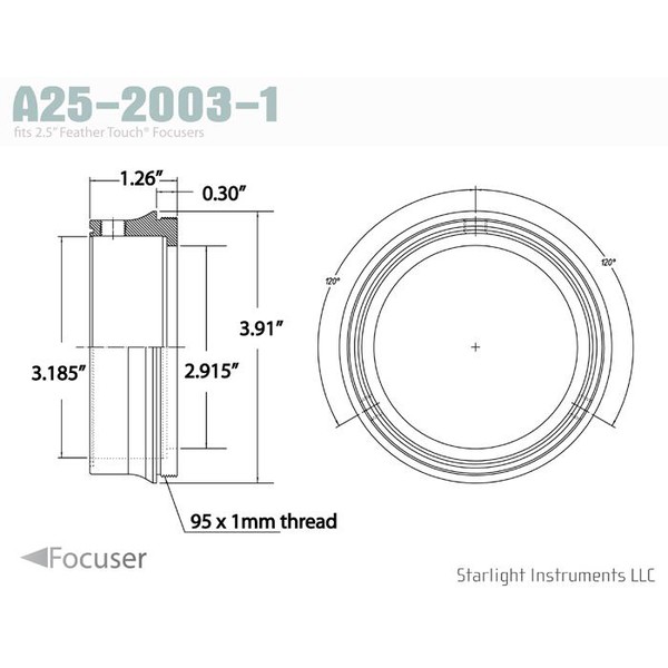 Starlight Instruments Adattatore 2.5" - filetto maschio 95x1mm, 0.9" L (questo è il nostro FTF25 Serie Teflon-Coupled Collar)