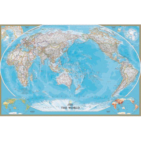 National Geographic Mappa del Mondo Planisfero classico centrato sul Pacifico, laminato