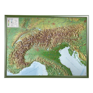 Georelief Regional-Karte Alpenbogen groß, 3D Reliefkarte mit Holzrahmen