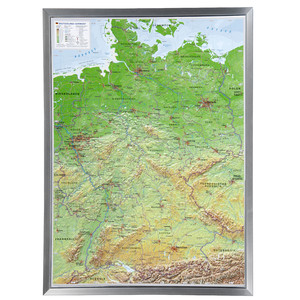 Georelief Landkarte Deutschland groß, 3D Reliefkarte mit Alu-Rahmen