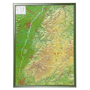 Georelief Regional-Karte Schwarzwald groß, 3D Reliefkarte mit Holzrahmen