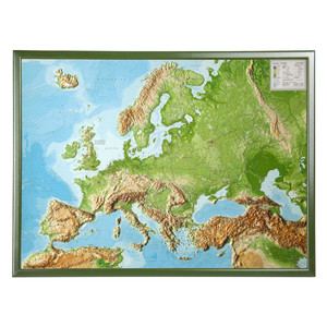 Georelief Mappa Continentale Europa, carta in rilievo grande con cornice in legno, INGLESE