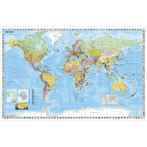 Stiefel Mapa mundial Wall map with white wood frame and hanging cord