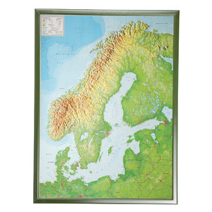 Georelief Regional-Karte Skandinavien groß, 3D Reliefkarte mit Kunststoffrahmen silber