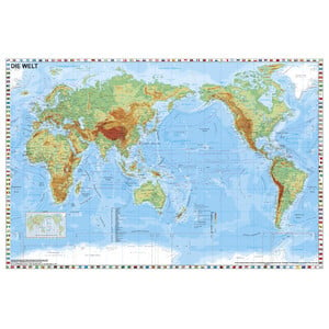 Stiefel Weltkarte Welt physisch pazifikzentriert mit Flaggenrand (98x68)