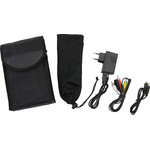 The package includes a case, AC adapter, USB and AV cables and a storage bag for the accessories.