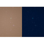 Zwei Aufnahmen des Kometen Lovejoy nahe NGC 457 mit 200 Millimeter Brennweite und 1,5 Minuten Belichtungszeit. Beide Aufnahmen entstanden am selben Abend unter dem enorm aufgehellten Himmel der Großstadt Leverkusen. Die Aufnahme links ohne Filter, die Aufnahme rechts mit dem Lumicon Deep Sky. Der Unterschied ist mehr als deutlich! © Dr. Tim Laußmann/Leverkusen