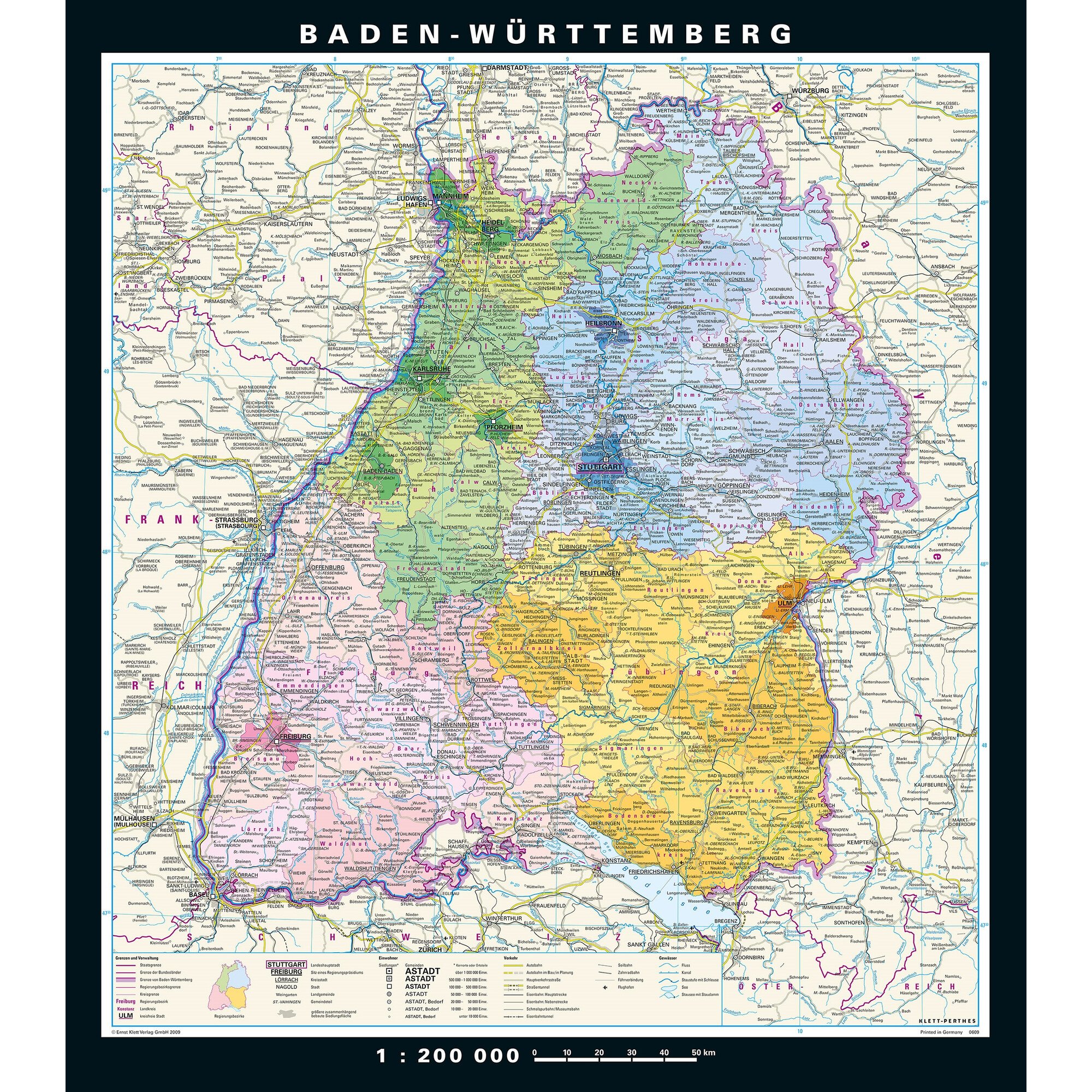 PONS Regional-Karte Baden-Württemberg Physisch/politisch (148 X 168 Cm)