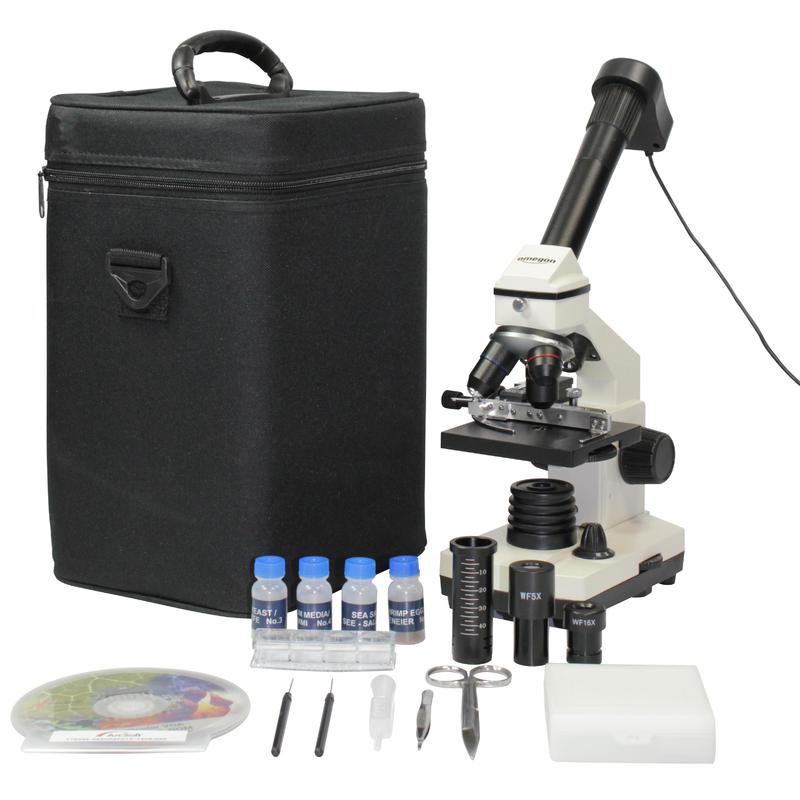 Omegon Microscopio Microscope set, 1200x MonoView, camera, best selling introduction to microscopy, preparation equipment