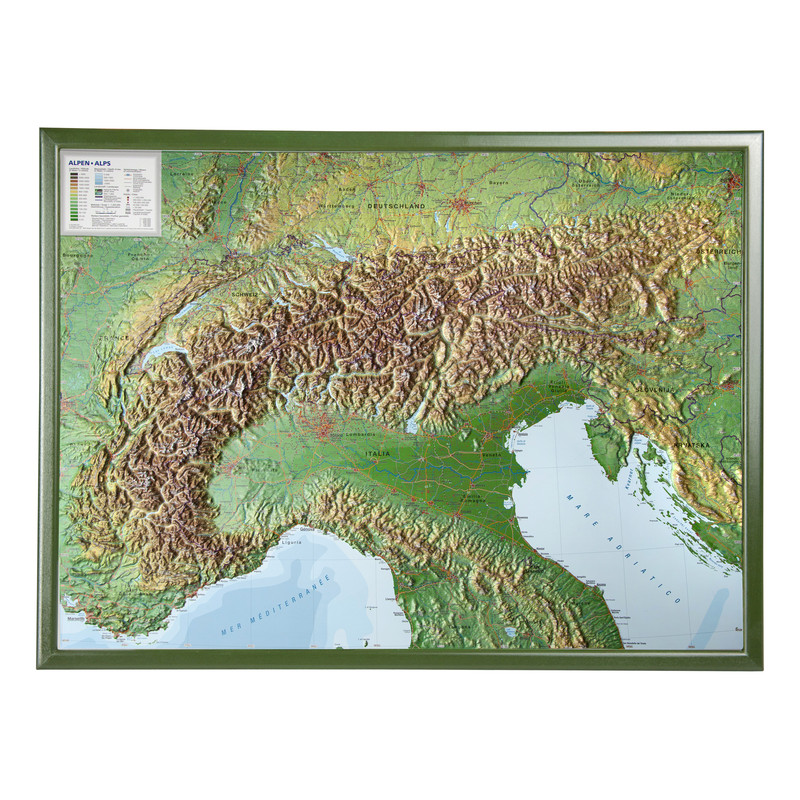 Georelief Mapa regional Large 3D relief map of the Alps in wooden frame