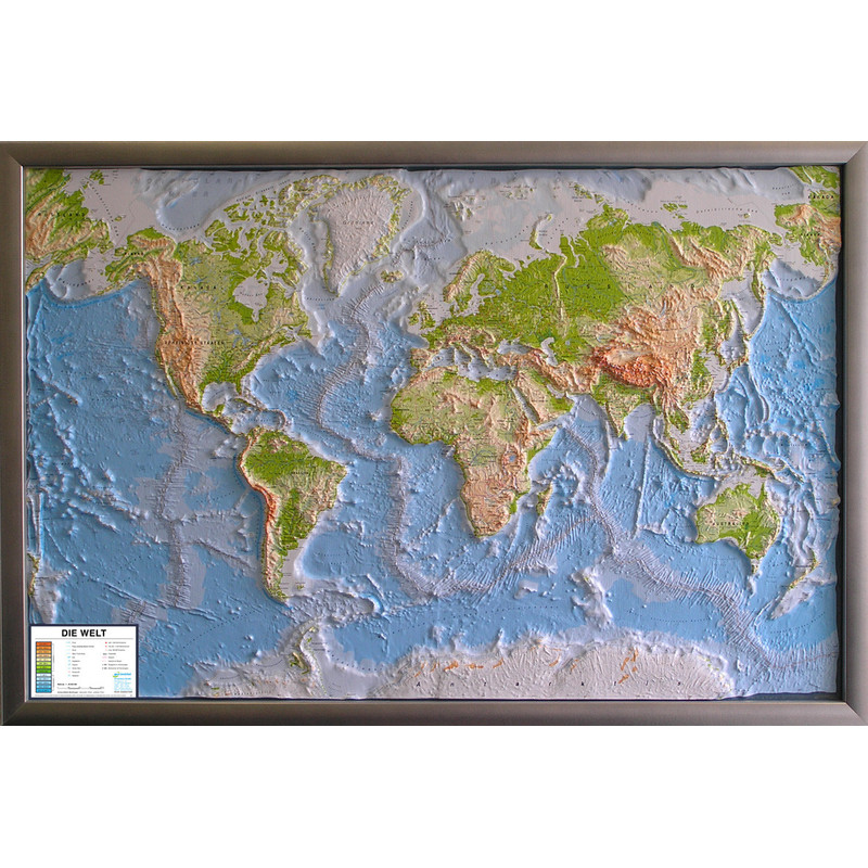 geoinstitut Mappa del Mondo Planisfero fisico, carta in rilievo silver line (in tedesco)