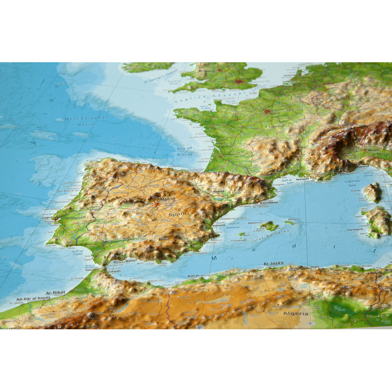 Georelief Mappa Continentale Europa, carta in rilievo grande con cornice in legno, INGLESE