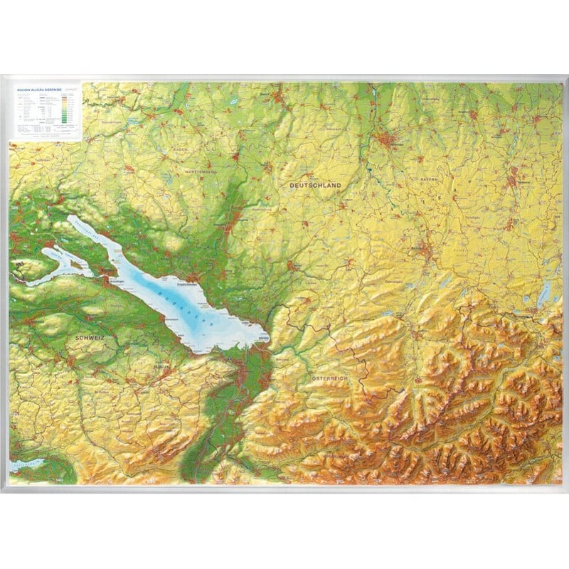 Georelief Regional-Karte Allgäu Bodensee groß, 3D Reliefkarte