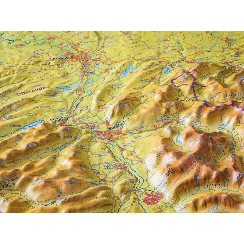 Georelief Regional-Karte Allgäu Bodensee groß, 3D Reliefkarte