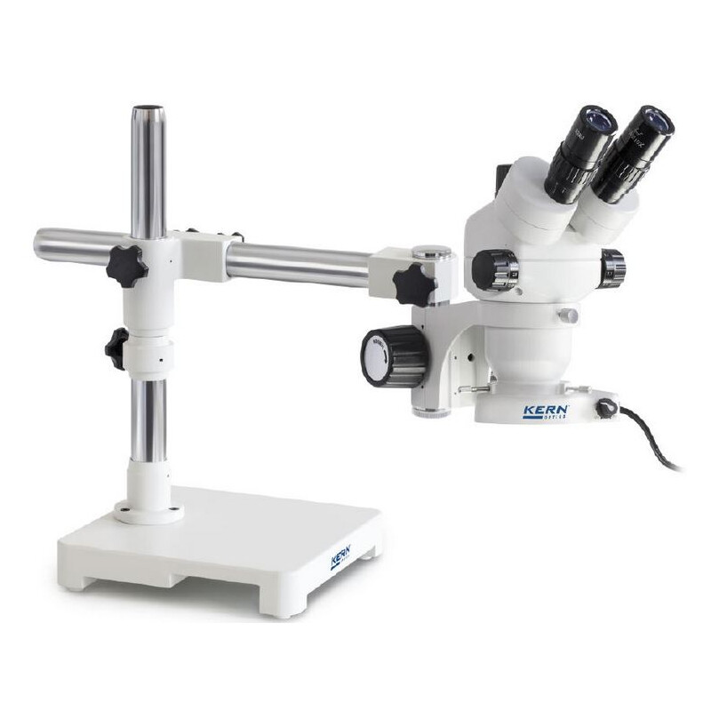 Kern Microscopio stereo zoom OZM 903, trino, 7x-45x, HSWF10x23mm, Stativ, Einarm (430 mm x 385 mm) m. Tischplatte, Ringlicht LED 4.5 W