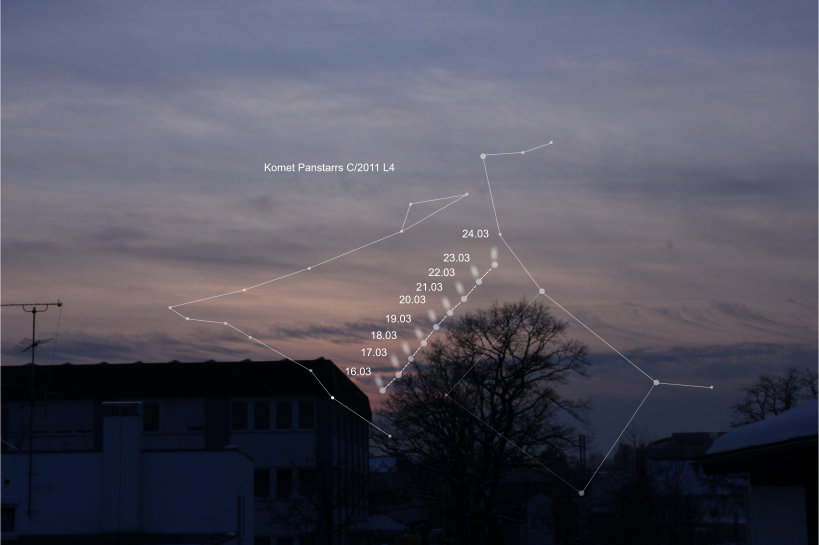 So ähnlich wandert Panstarrs am westlichen Horizont in Richtung des Sternbildes Andromeda nach oben. Blick nach Westen vom Büro von Astroshop.de