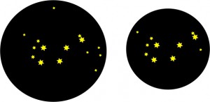 Skizzierter Vergleich zwischen einem 1,25" und einem 2" Okular mit 40mm Brennweite bei einem Newtonteleskop 200/1000